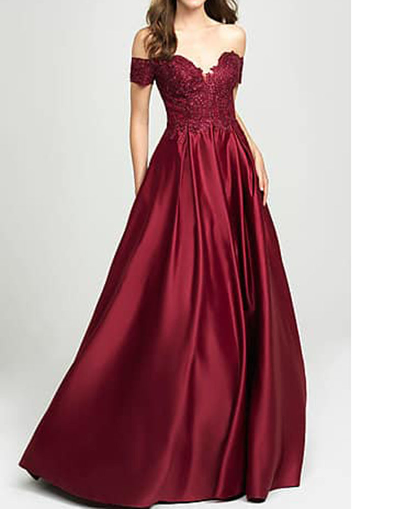 Off Shoulder lace Satin Burgundy  A Line Evening Dress Long 2019