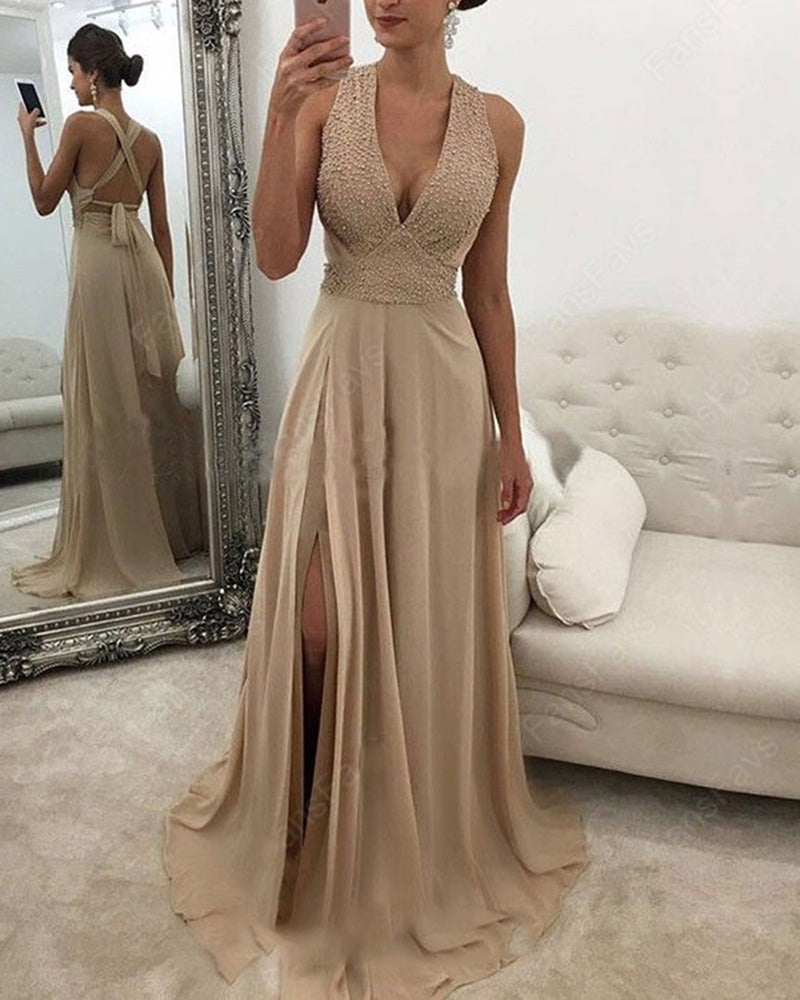 Vestido de noche largo con escote halter y cuentas color champán, vestido de fiesta con abertura PL8850