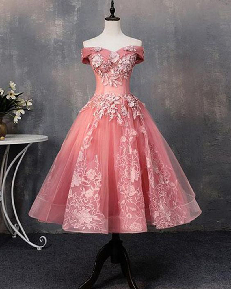 Vestido de fiesta de boda corto con hombros descubiertos y encaje rosa para baile de graduación SP1171