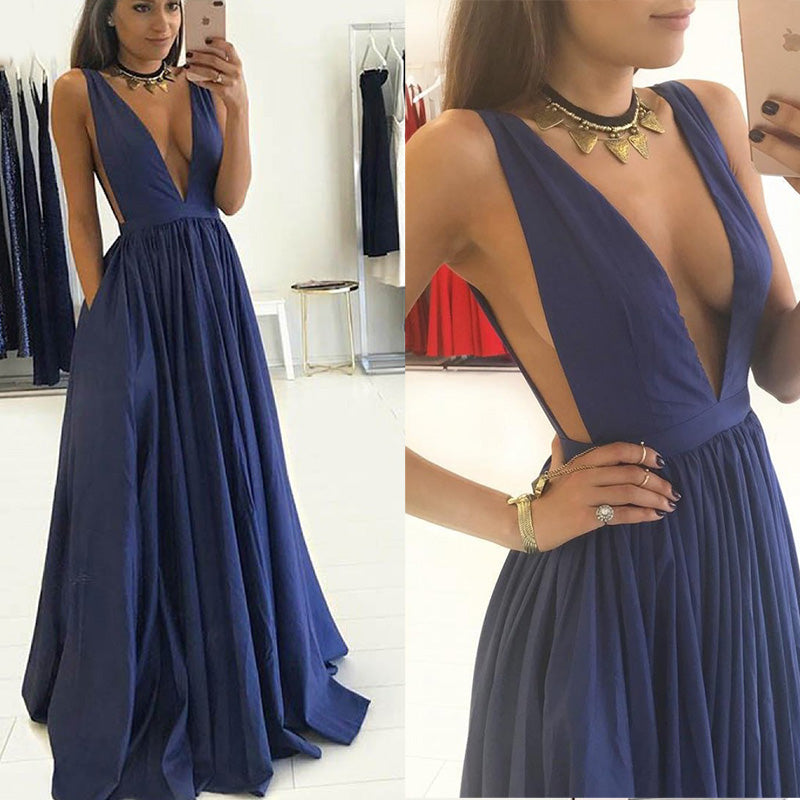 Navy Blue Plunge Sexy V Neck Dresses 2018 Prom Long Girls Evening Party Gown Vestido De Festa