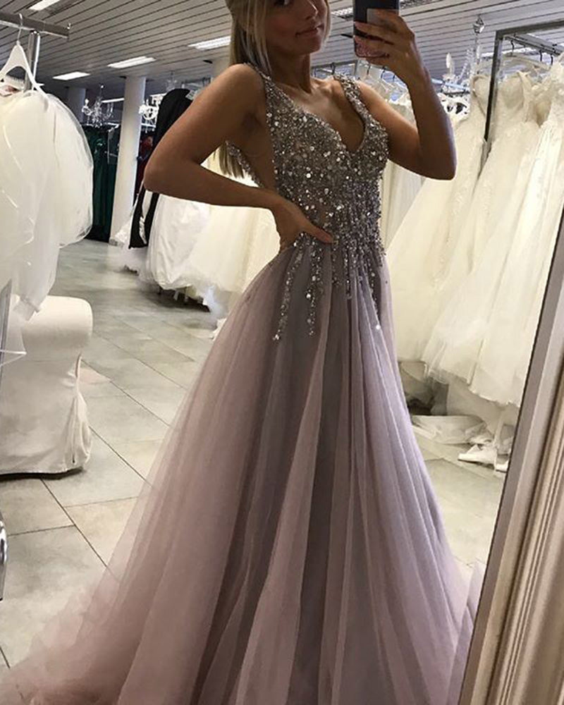 Vestidos de fiesta largos con tirantes, escote en V, lentejuelas y abalorios en color morado oscuro y gris