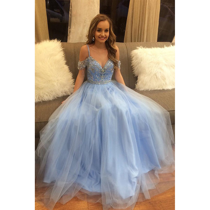 Vestido de fiesta azul de ensueño con hombros descubiertos y cuentas, vestido de quinceañera, vestidos de 15 años