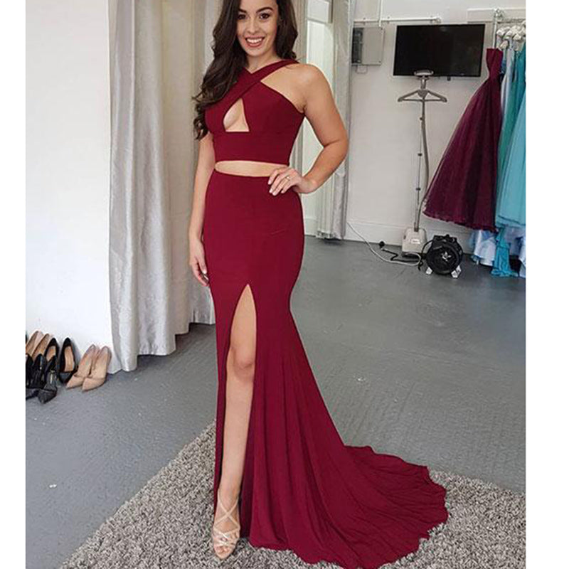 Wine Red Sexy Crop Top Long Slit Gowns Two Pieces Girls 2018 Graduatio Siaoryne Wine Red Sexy Crop Top Long Slit Gowns Two Pieces Girls 2018 Graduatio Siaoryne