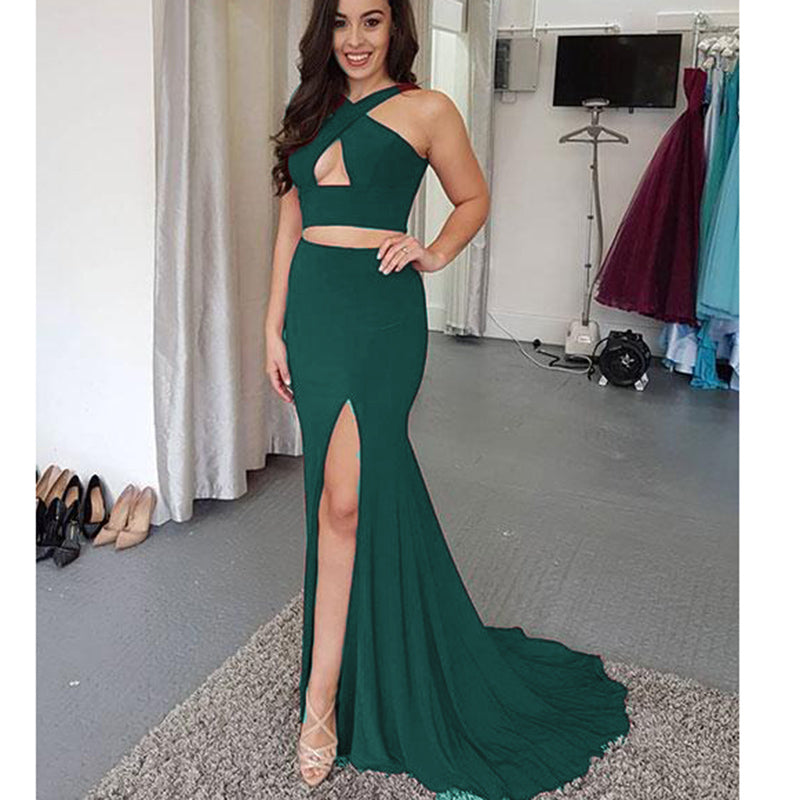 LP289 Halter sexy 2 Pieces Dark Green Prom Dress with Slit Women Long –  Siaoryne