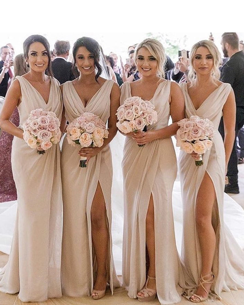 Vestidos de dama de honor de gasa con escote en V en color beige, largos, con abertura, ajustados, para fiesta de boda PL621