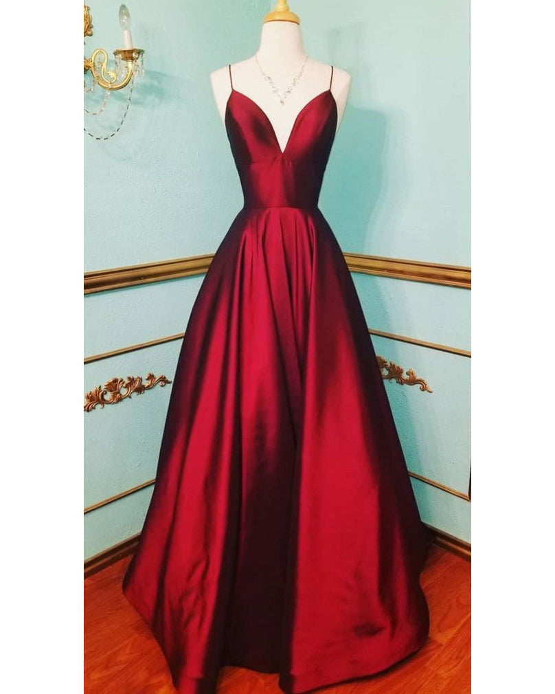 Elegante vestido de fiesta largo de satén con escote en V y tirantes finos en color rojo PL1130