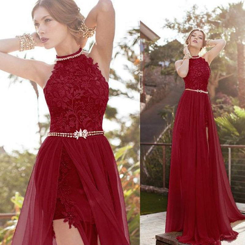 Sympton Patológico cuestionario Burgundy Halter Lace Long Evening Formal Gown Prom dress with Sexy Sli –  Siaoryne