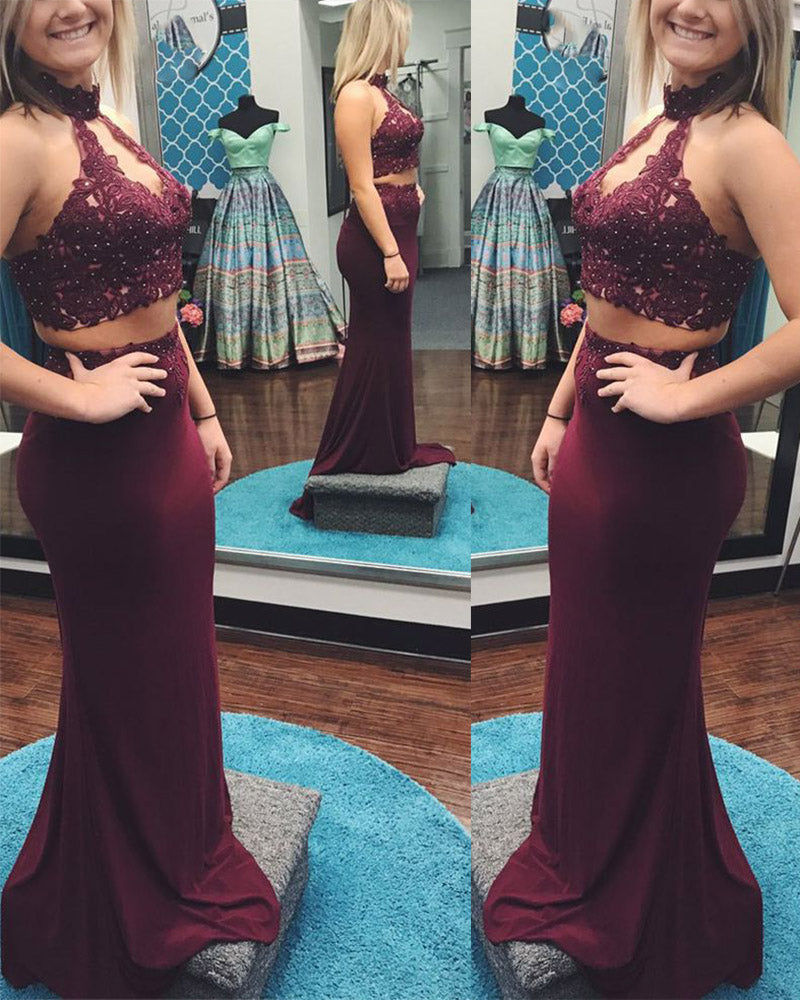 Vestido de fiesta largo de color burdeos y rojo ajustado de 2 piezas con cuello halter para niñas mayores PL113