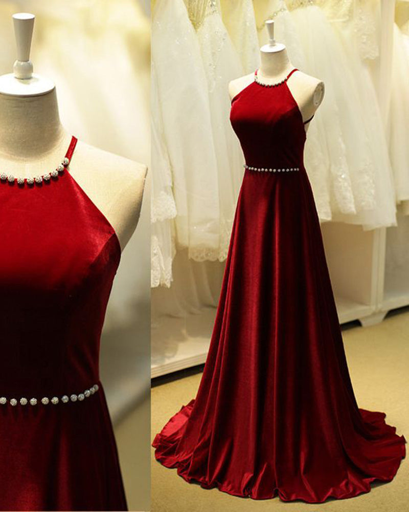Halter Red Velvet Prom Dress Long Women Formal Evening party Gown Siaoryne Halter Red Velvet Prom Dress Long Women Formal Evening party Gown Siaoryne