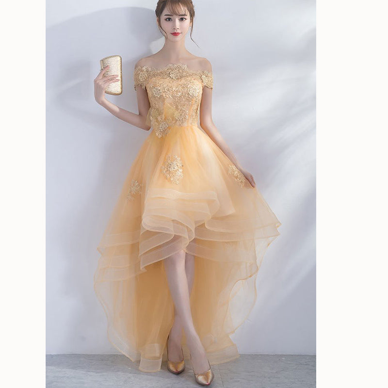 Dreamy Yellow Lace short Sleeves High Low Prom Dresses Girls Graduation Gown with