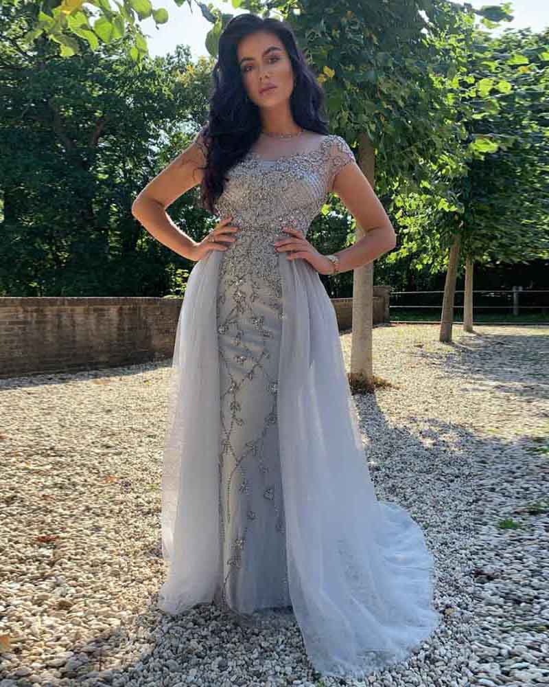 silver prom dress fast shipping Silver Embellished Tulle Ball Gown with Cape Sleeves Elegant Glitter Formal Dress