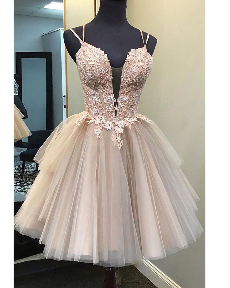 Trendy Princess Champagne Lace Junior Prom Gown SREAL071