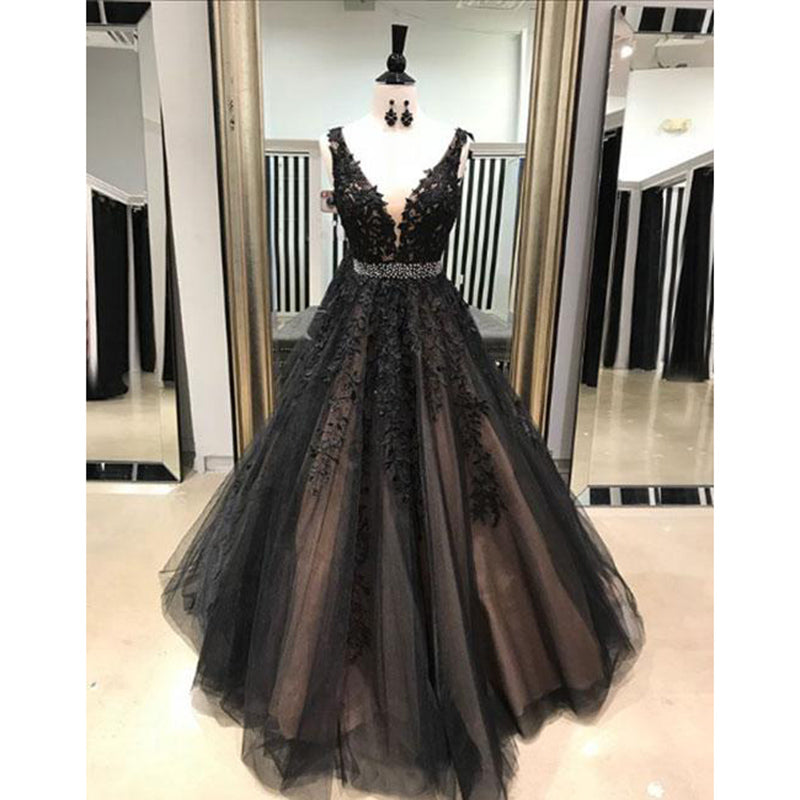 Fancy Dreamy Deep V Neck Black Lace Embroidered Prom Dresses Girls Gra –  Siaoryne
