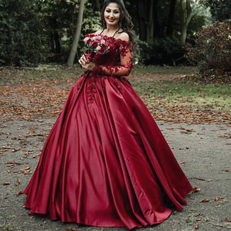 fitted lace wedding dress Luxury Lace Beaded Long Sleeves Dubai Dark Red /Wine Wedding Dresses B –  Siaoryne