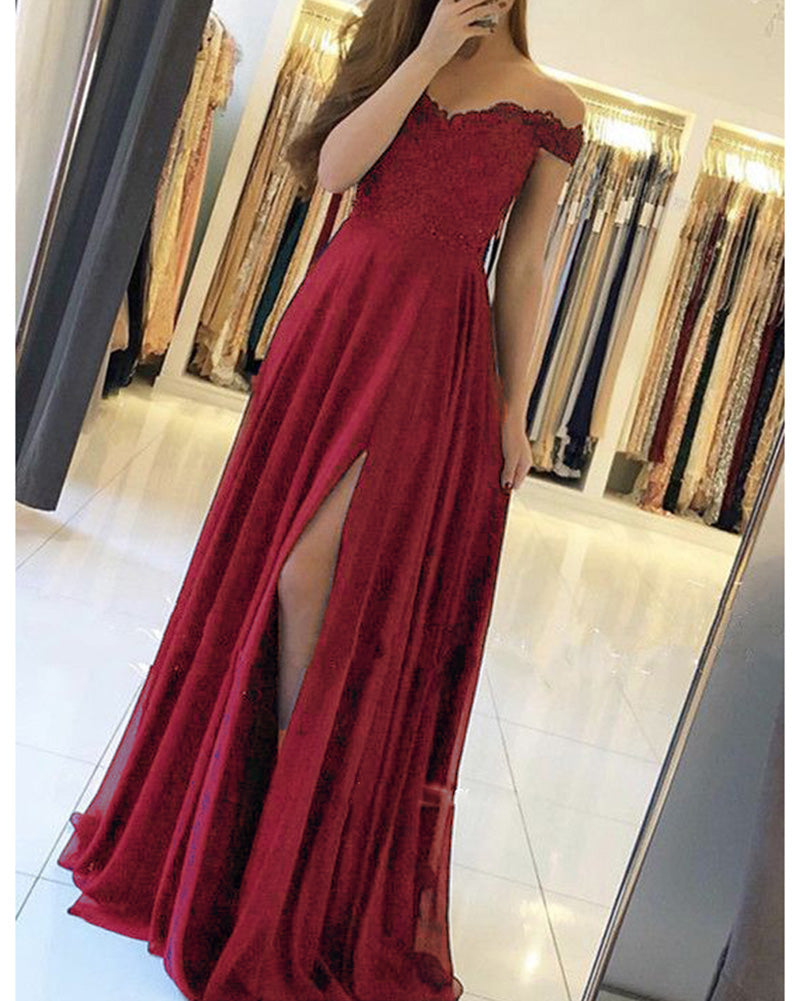 Elegant Off Shoulder lace Appliqued Girls Long Prom Dress with Sexy Sl Siaoryne Elegant Off Shoulder lace Appliqued Girls Long Prom Dress with Sexy Sl Siaoryne