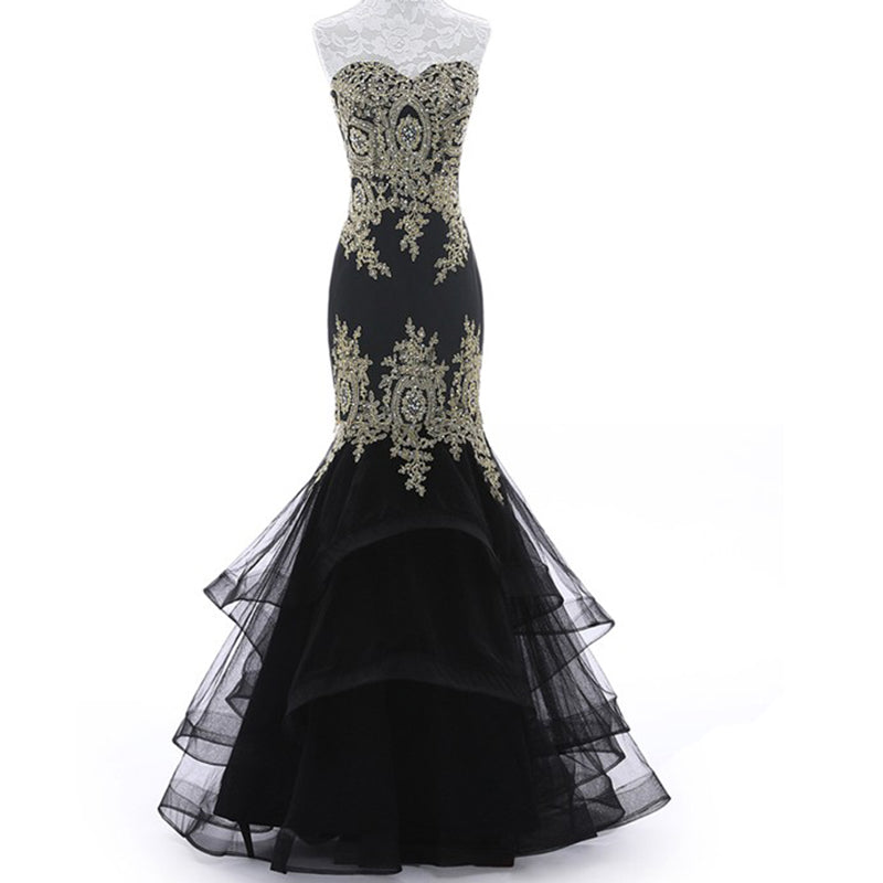 LP3359 Mermaid Black Prom Dress with Gold Lace Appliqued Evening Long Siaoryne LP3359 Mermaid Black Prom Dress with Gold Lace Appliqued Evening Long Siaoryne