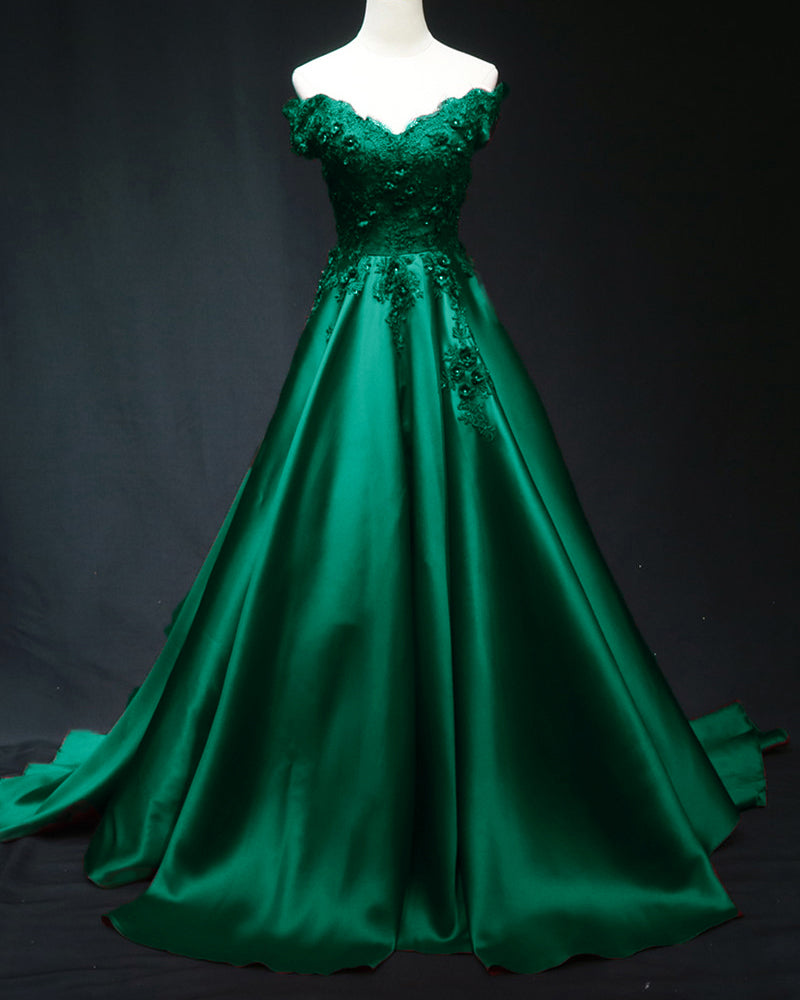 Robe de soirée longue en dentelle vert émeraude à épaules dénudées pour femme PL0814
