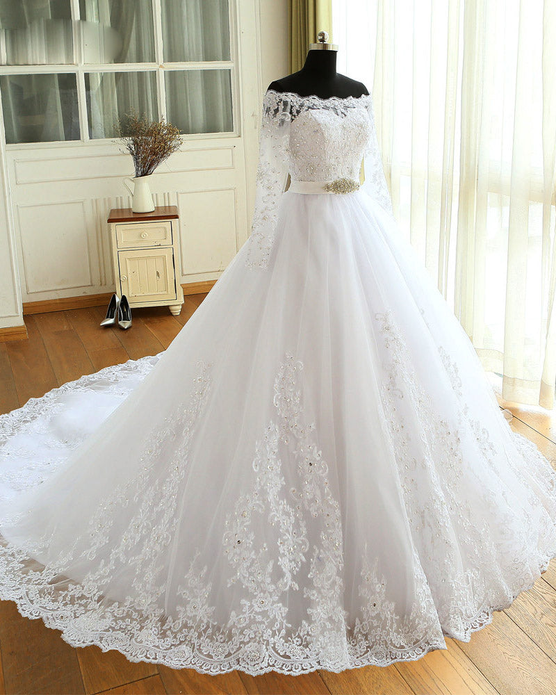 Princess White Long Sleeves Lace Wedding Dresses Bride Gown  Ball Gown  WD685