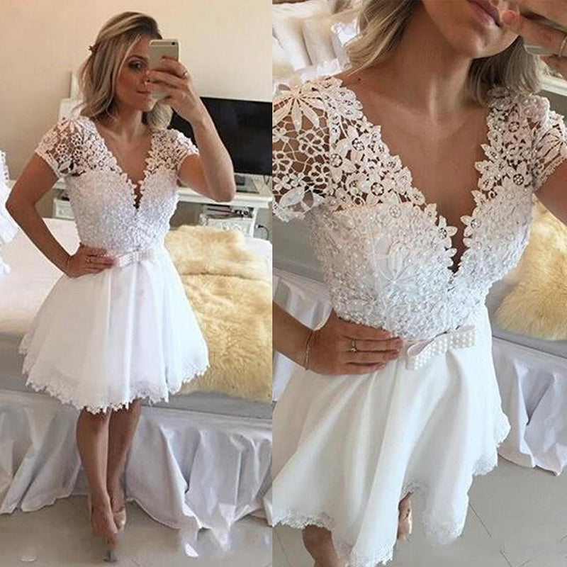 Short Sleeves Graduation Dress White Prom Dress Short Lace Homecoming Siaoryne Short Sleeves Graduation Dress White Prom Dress Short Lace Homecoming Siaoryne