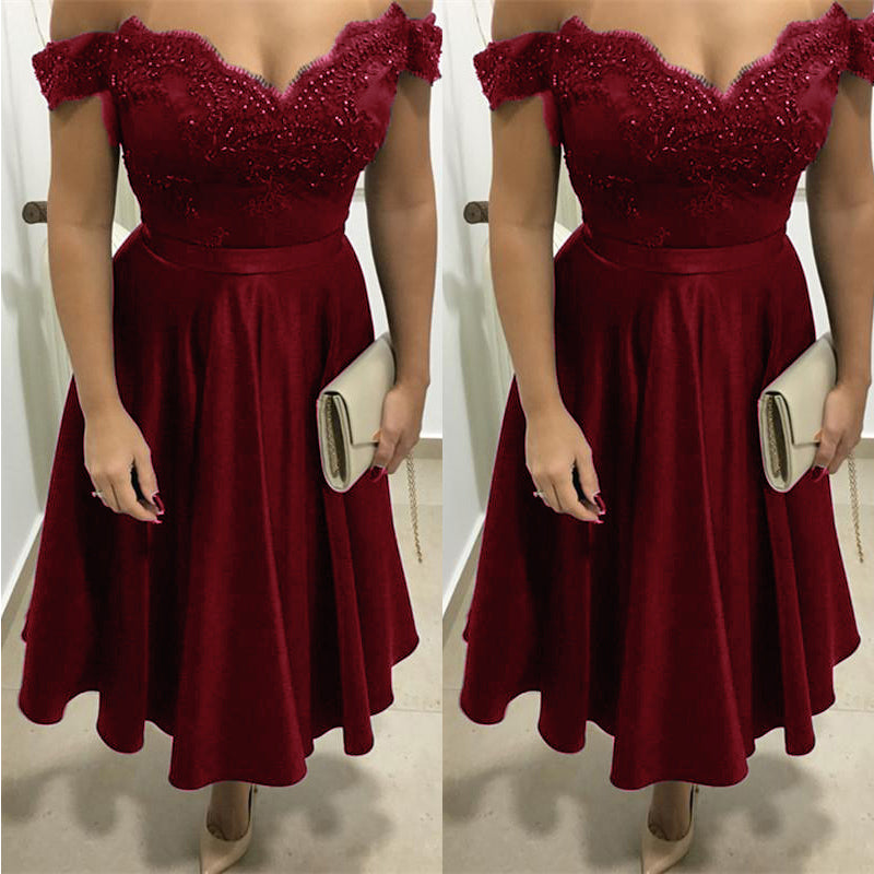 Nuevo vestido de fiesta corto color burdeos con hombros descubiertos, vestidos de graduación semi formales para adolescentes cortos