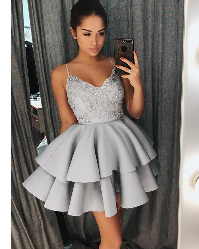 Robe de cocktail courte à fines bretelles grise pour filles, robe de bal de fin d'année semi-formelle pour jeunes filles