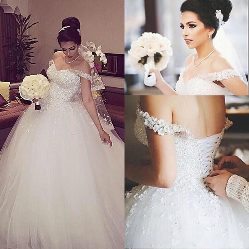 Robe de mariée princesse robe de bal en tulle blanc robe de mariée élégante à fleurs faites à la main