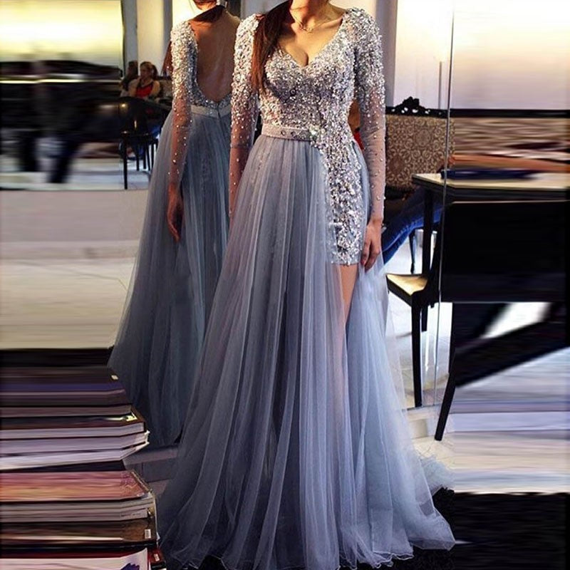 Long Sleeves Sequins Beading Sexy Long Evening Gown Light Blue Women F –  Siaoryne