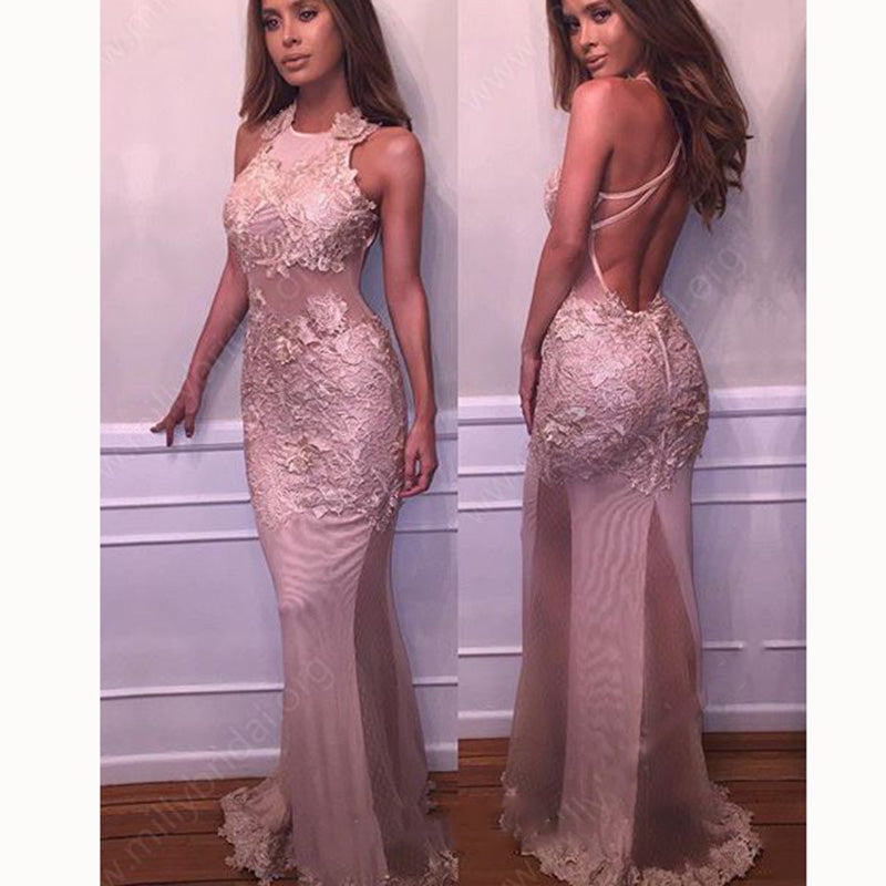 Gorgeous Sexy Backless Lace Halter Long Prom Dress Party Gown vestido de festa longo