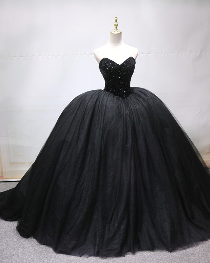 Robe de bal noire en tulle à perles et décolleté en cœur bouffant, robe de bal de fin d'année PL07112