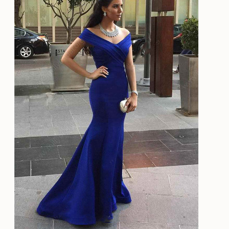 Robe de bal bleu royal à épaules dénudées, robe de soirée longue trompette