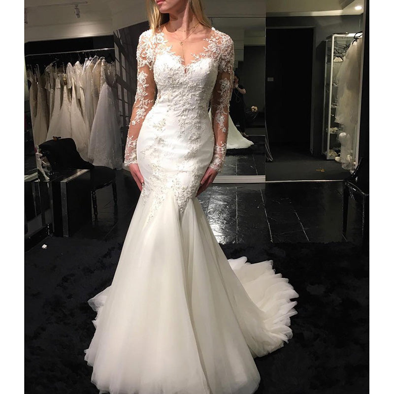 fitted lace wedding dress Fitted Wedding Dress Puffy Sleeves Chantilly Lace Fishtail Gown – Think  Bridal main image 0
