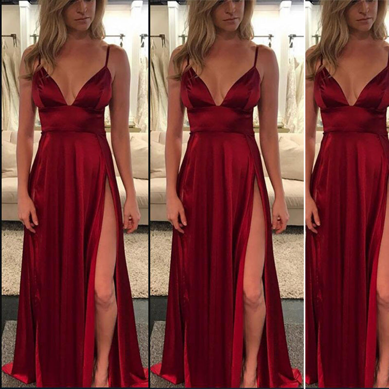 Sexy Red Sheath Spaghetti Straps Elastic Satin Prom Dress with Split LBQ0068 main image 1