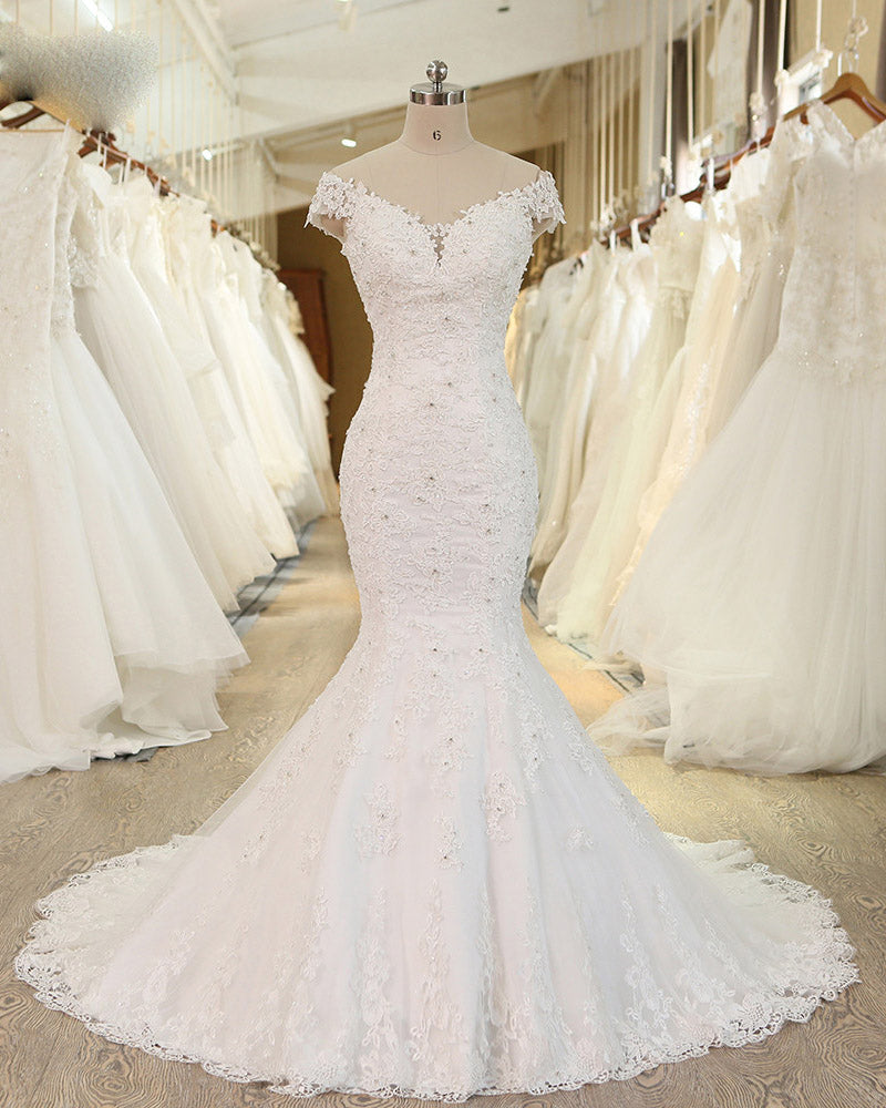 Vestido de novia de sirena con encaje y hombros descubiertos, vestido de novia estilo robe de mariée