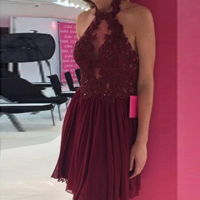 Vestido corto de fiesta de graduación para niñas, color rojo oscuro, con cuello alto y escote halter
