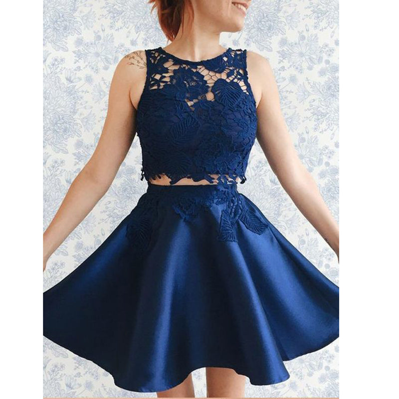 Vestido corto de dos piezas con escote redondo en azul marino para regreso a casa, vestido corto para graduación de jóvenes