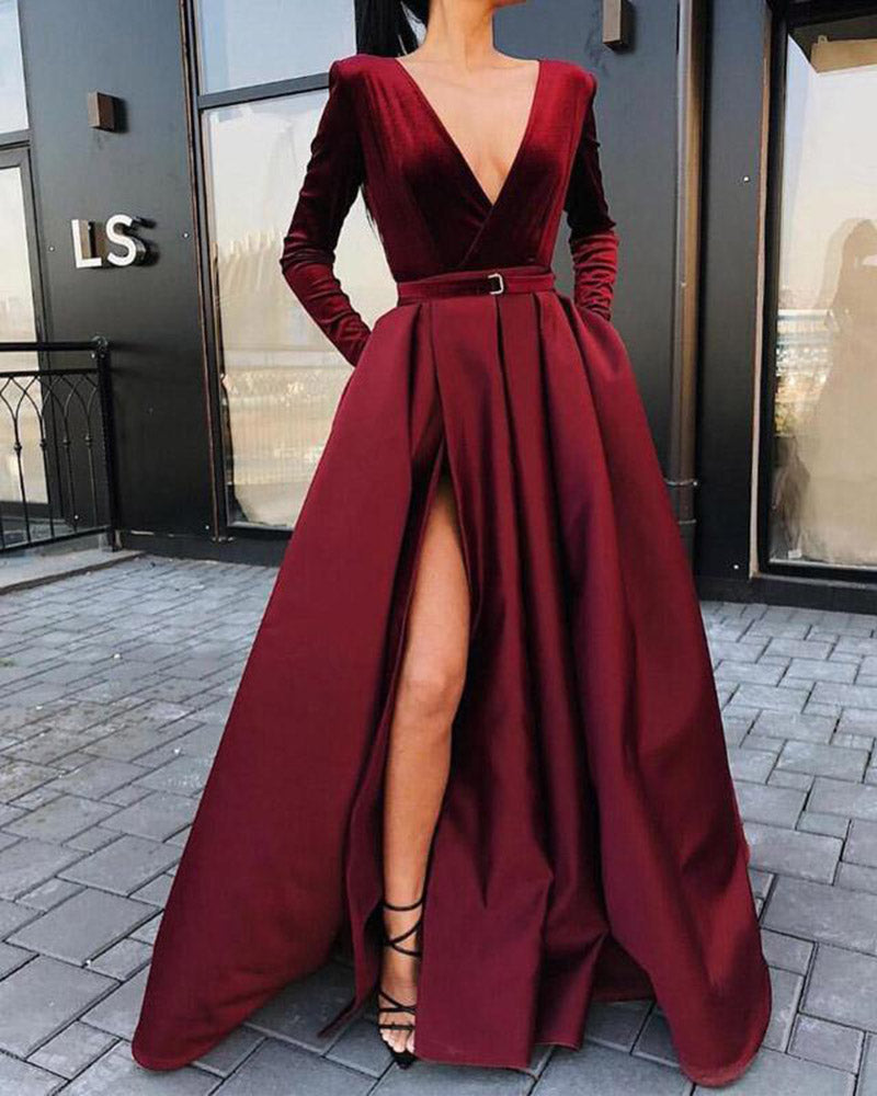 Velvet and Satin Long Sleeves Burgundy Women Red Evening Dresses Long –  Siaoryne