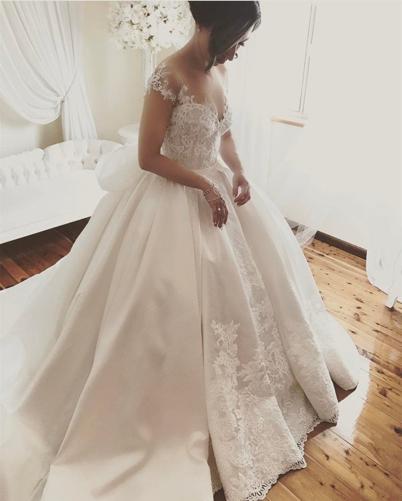 Nuevos vestidos de novia de satén con encaje bordado de lujo, vestido de novia princesa