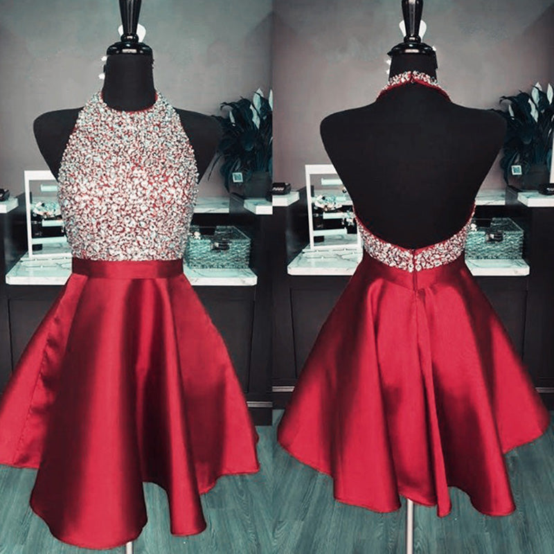 Red Beaded Short Halter Cocktail Homecoming Dress Semi Formal Gown Gir Siaoryne Red Beaded Short Halter Cocktail Homecoming Dress Semi Formal Gown Gir Siaoryne