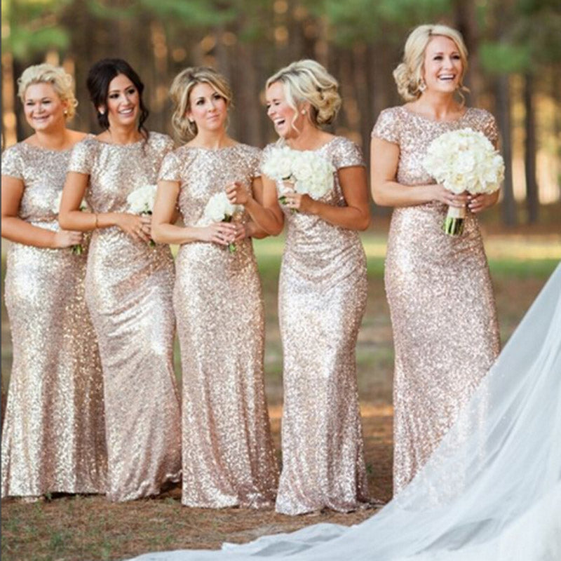 Gold Sequins Bridesmaid Dress with Short Sleeve ,Long Women Evening Party Gowns,prom dress gold PL108041