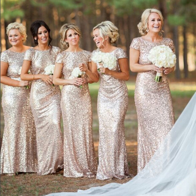 slim fit dress slacks Gold Sequins Bridesmaid Dress with Short Sleeve ,Long Women Evening Pa –  Siaoryne