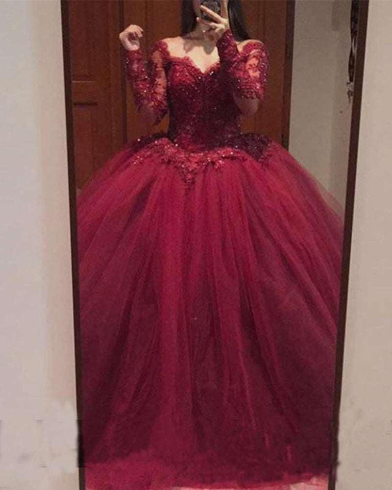 Burgundy Long Sleeves Quinceanera Dress Sweet 15 Dresses Ball Gown Wedding Gown PL2150