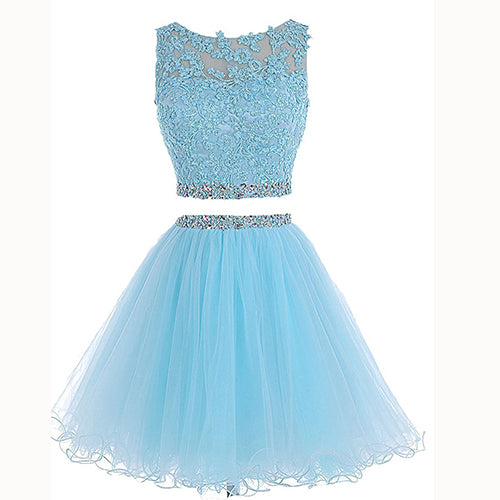 Vestido corto elegante de dos piezas en azul claro para niñas, top corto, minivestido de fiesta para regreso a casa, vestido semiformal MO500