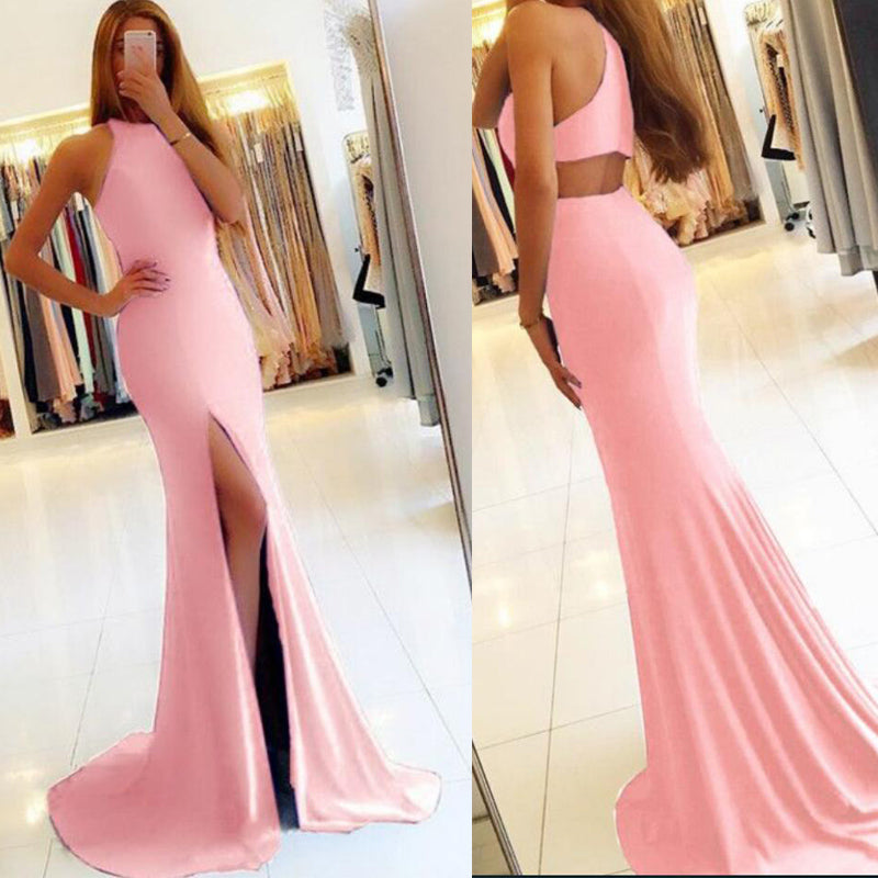 New Fitted Evening Dress Girls Pink Prom Ball Dress Formal Wear Wedding Guest Gown with Sexy Slit