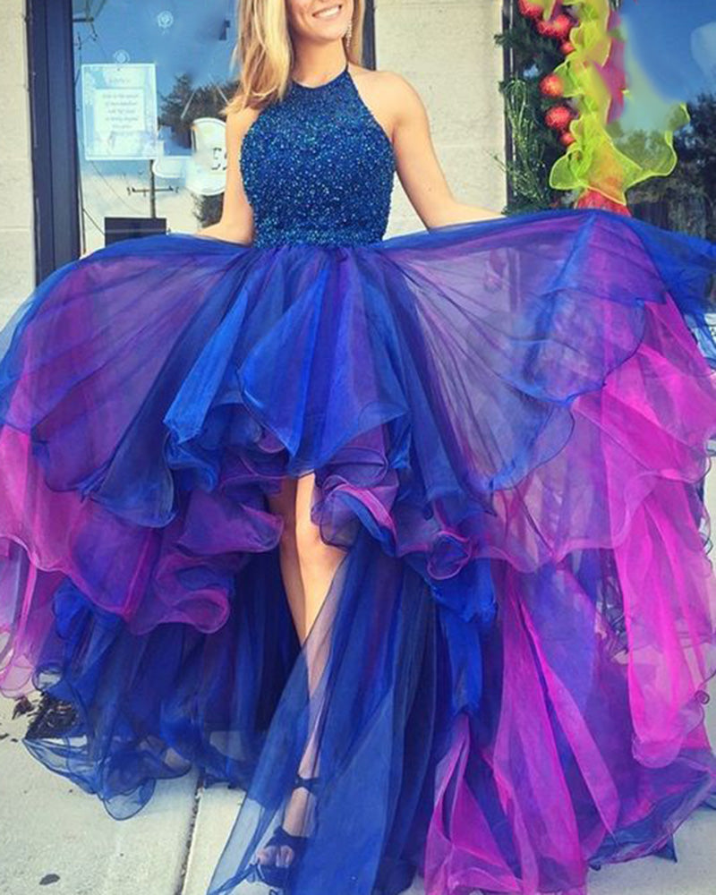 Vestido de fiesta de graduación para niñas con silueta favorecedora de diamantes de imitación azules, de malla, de corte alto y bajo, para fiesta