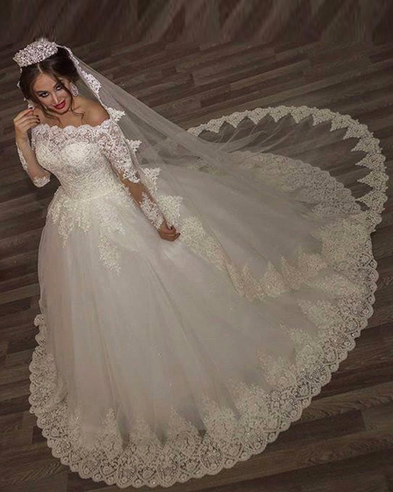 Vestidos de novia con hombros descubiertos y mangas largas de encaje, vestido de novia blanco WD213