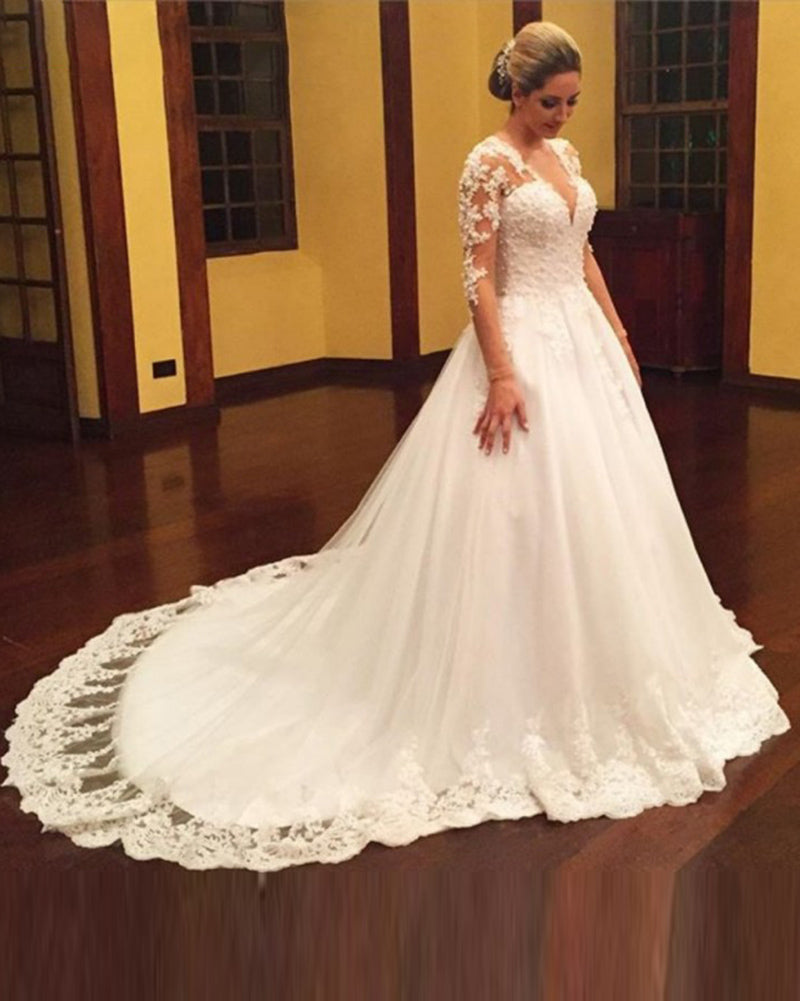 Plus Size Long Sleeves Lace Wedding Dresses  Sexy V Neck  Appliques Beaded Tulle Vestido De Noiva Bridal Gowns