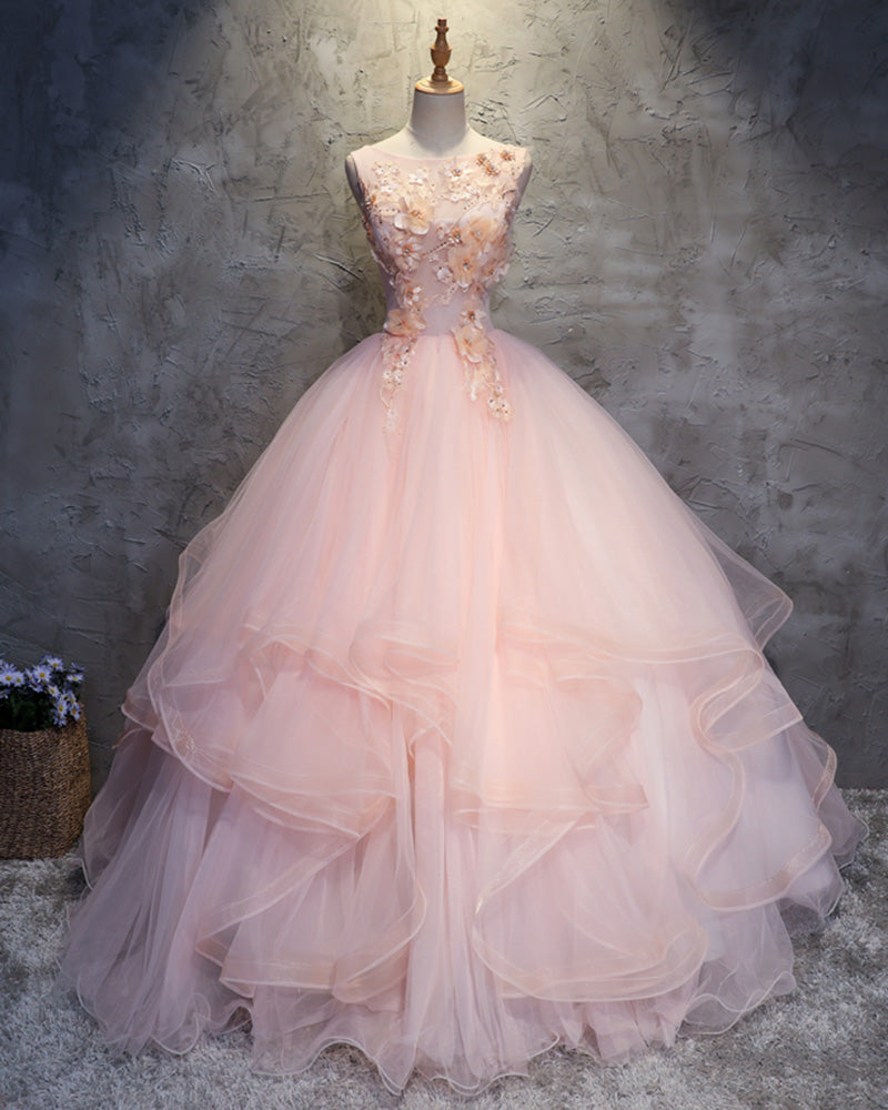 Pink Quinceanear Dress Ball Gown Scoop Neck Lace Prom Gown