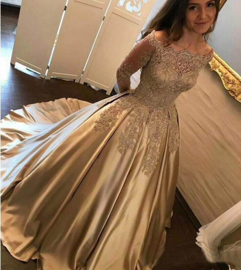 fitted lace wedding dress LP2888 Off the Shoulder Ball Gown Prom Dress with lace Long Sleeves Sa –  Siaoryne