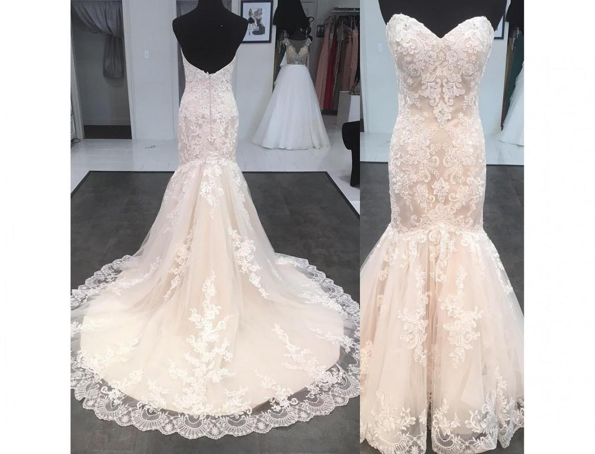 Siaoyne - Vestidos de novia románticos de encaje con escote en forma de sirena y espalda descubierta