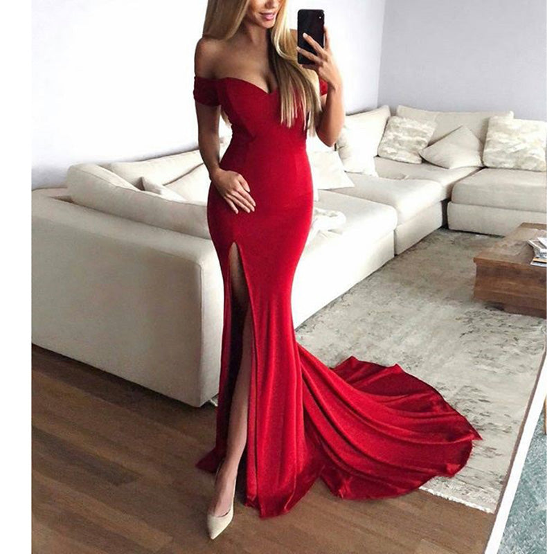 strapless open back dress Sexy Red Prom dress Off Shoulder Mermaid Evening Dress Long with Slit –  Siaoryne